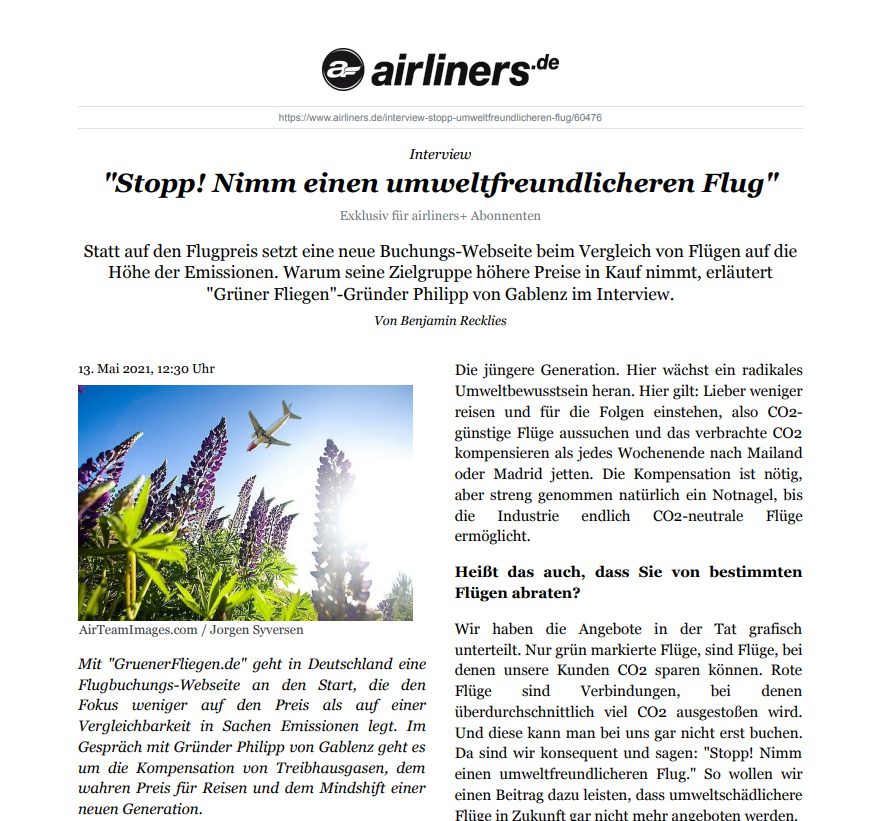 Artikel Airliners. GruenerFliegen Gründer Philipp Gablenz im Interview zu umweltbewussten Flugreisen.