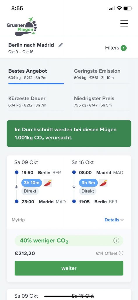 Screenshot flight results - sustainable travel